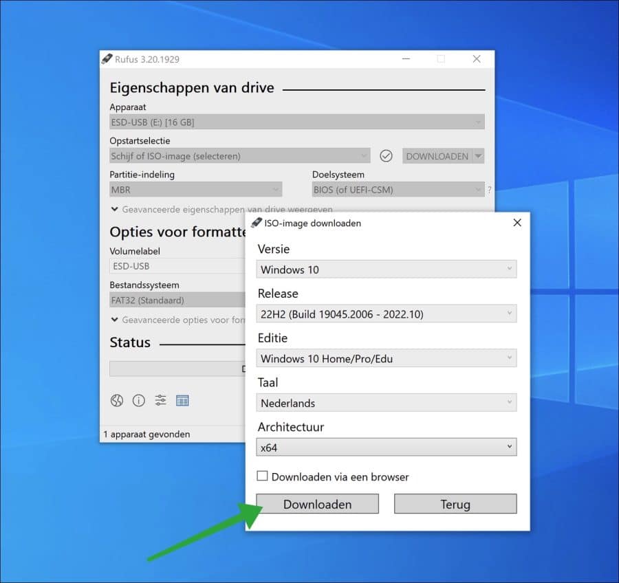 Windows 10 architectuur downloaden met Rufus