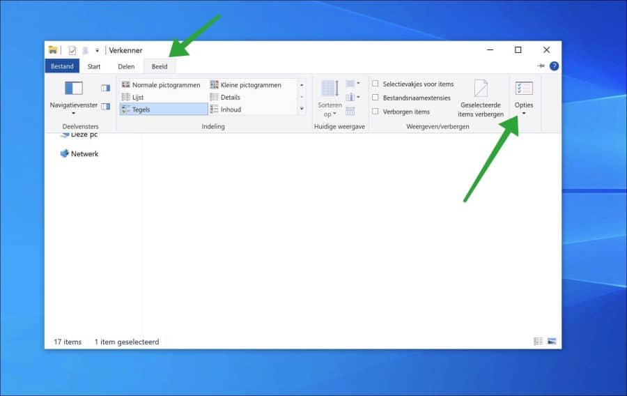Windows verkenner opties openen in Windows 10