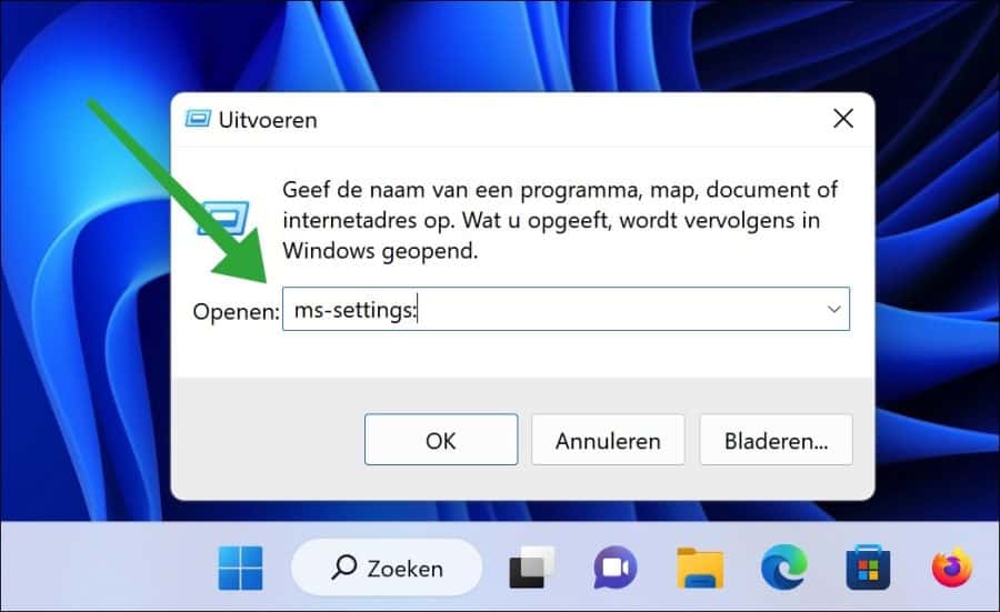 ms-settings om instellingen te openen