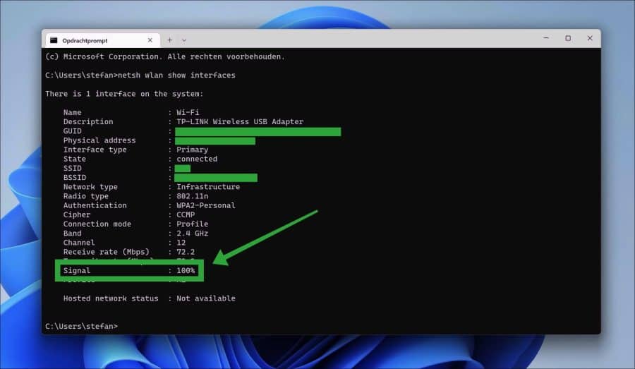 intensidade do sinal wifi via interfaces netsh wlan show