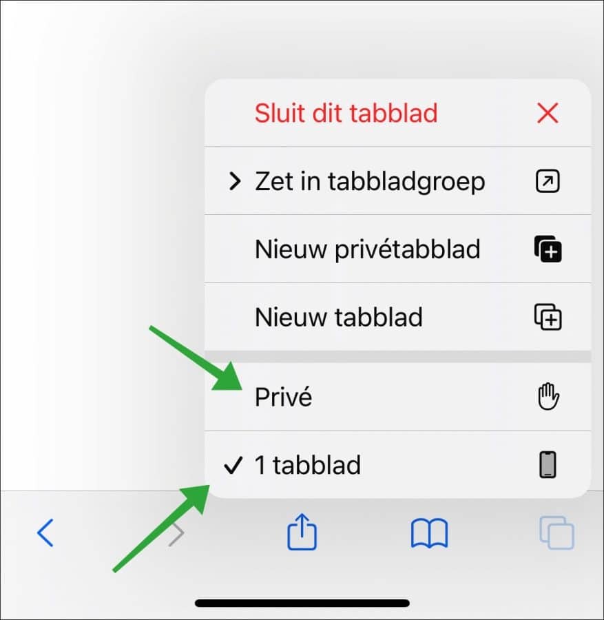 wisselen tussen prive en normale tabbladen in safari