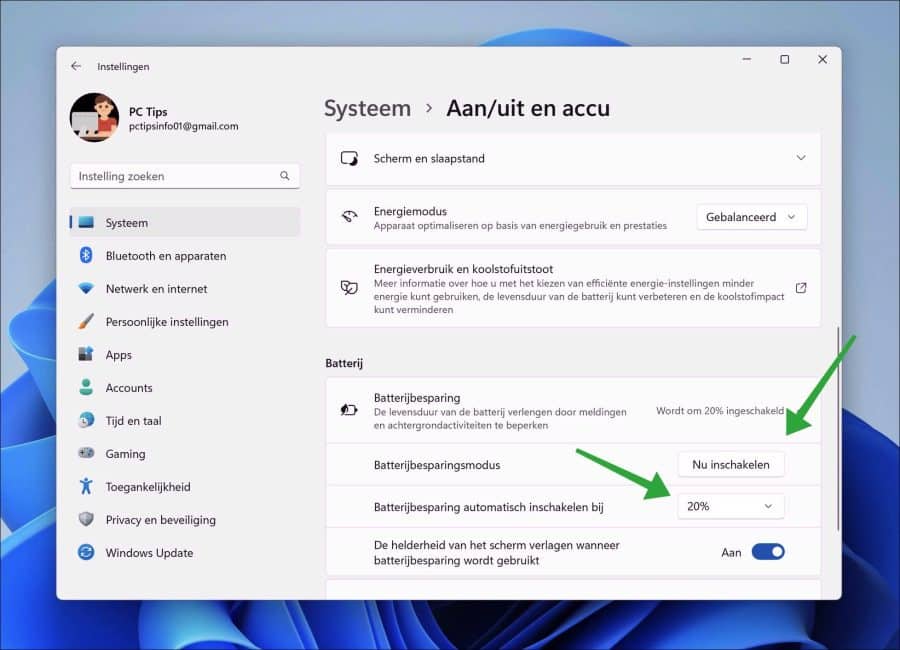 Batterijbesparing inschakelen in Windows 11
