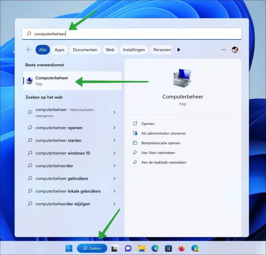 Computerbeheer openen via zoeken