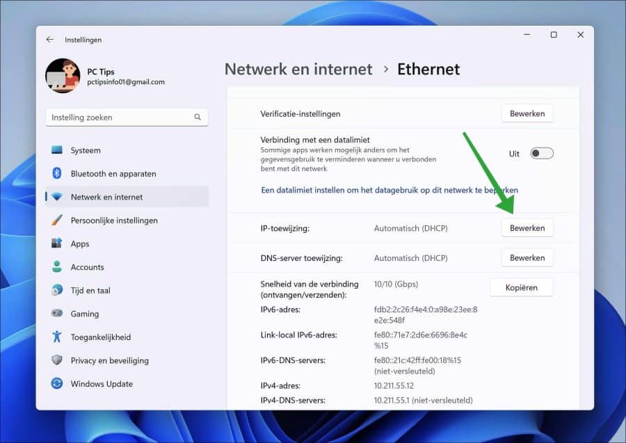 Ethernet IP-toewijzing wijzigen