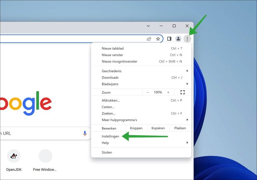 Google Chrome instellingen openen