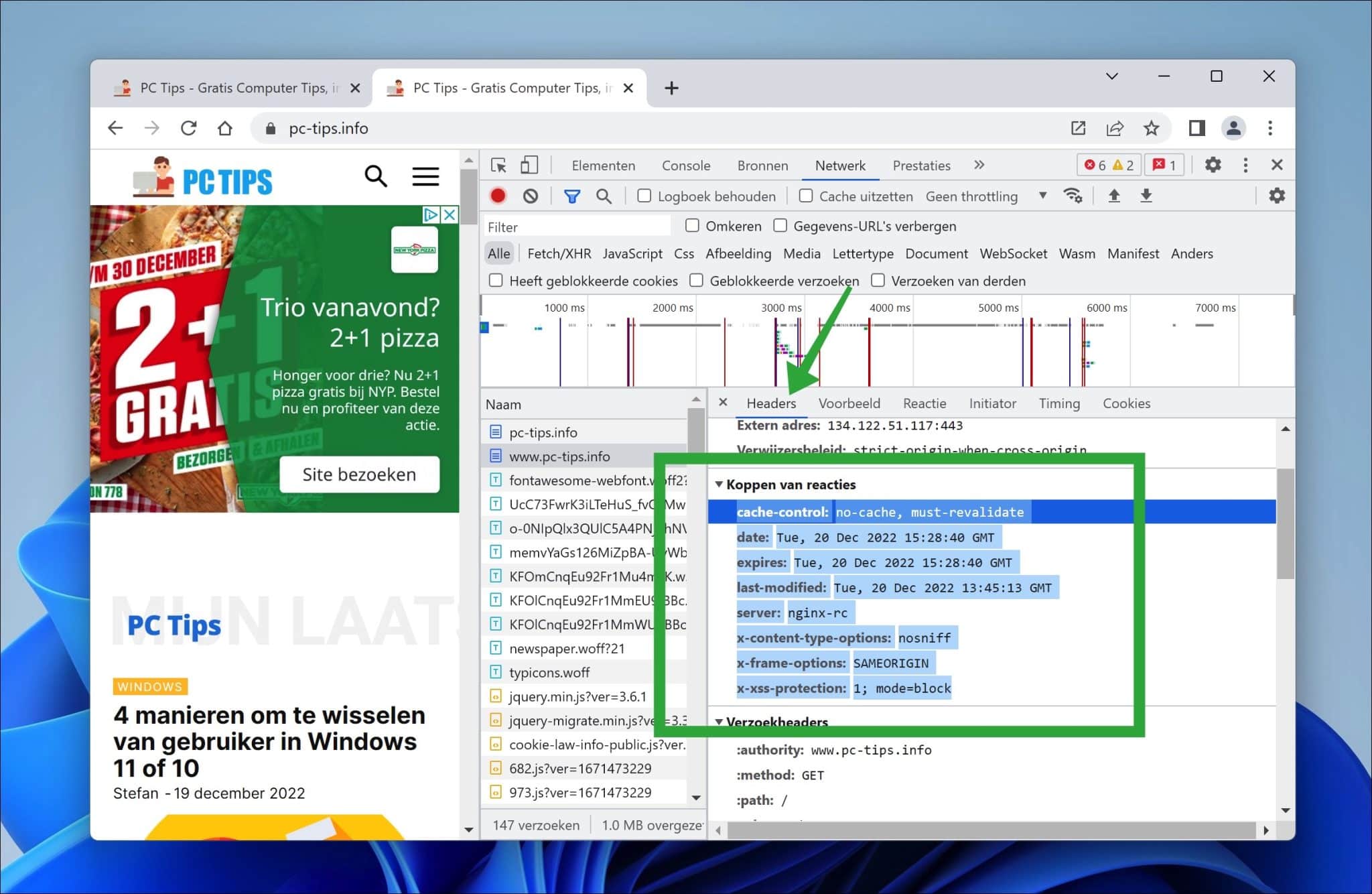 HTTP Response headers bekijken met Google Chrome