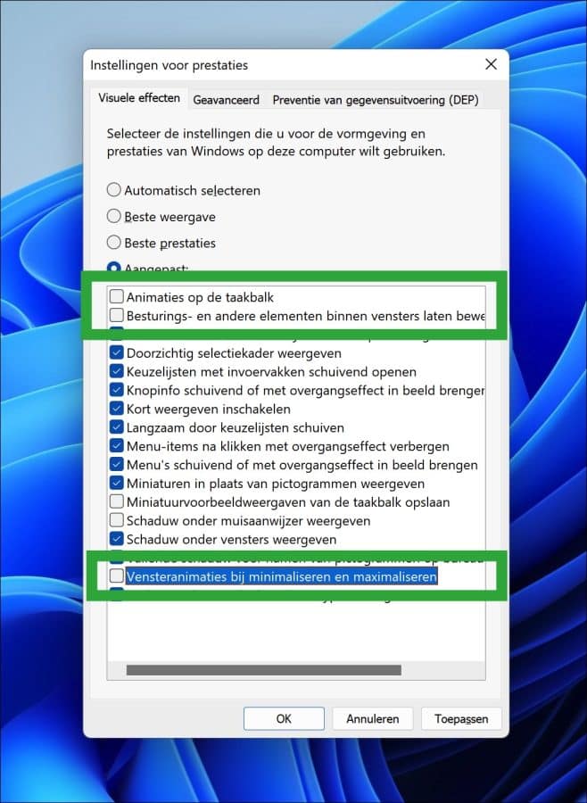 Instellingen voor visuele prestaties wijzigen