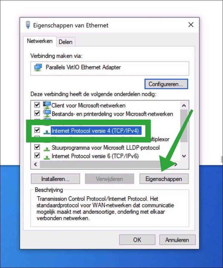 Internet protocol versie 4 eigenschappen van ethernet adapter