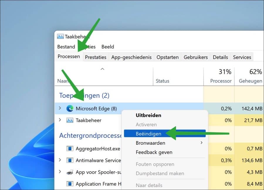 Microsoft Edge afsluiten via taakbeheer