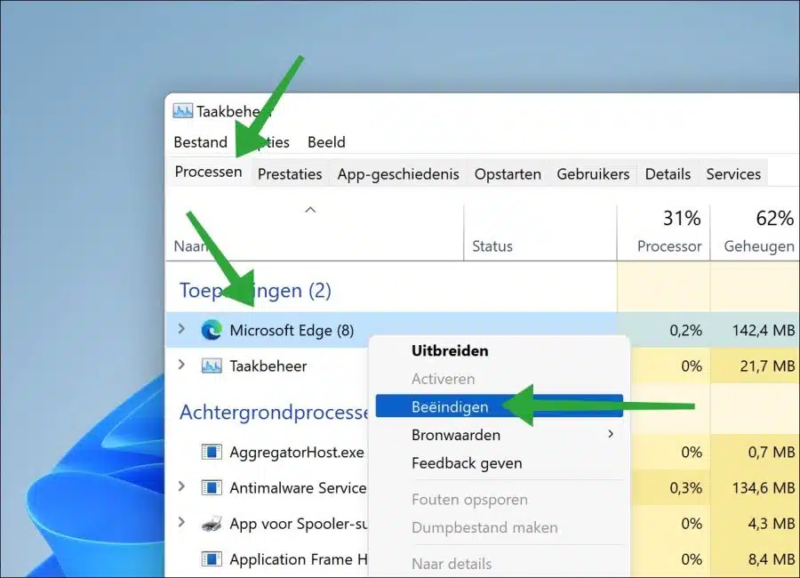 Microsoft Edge afsluiten via taakbeheer