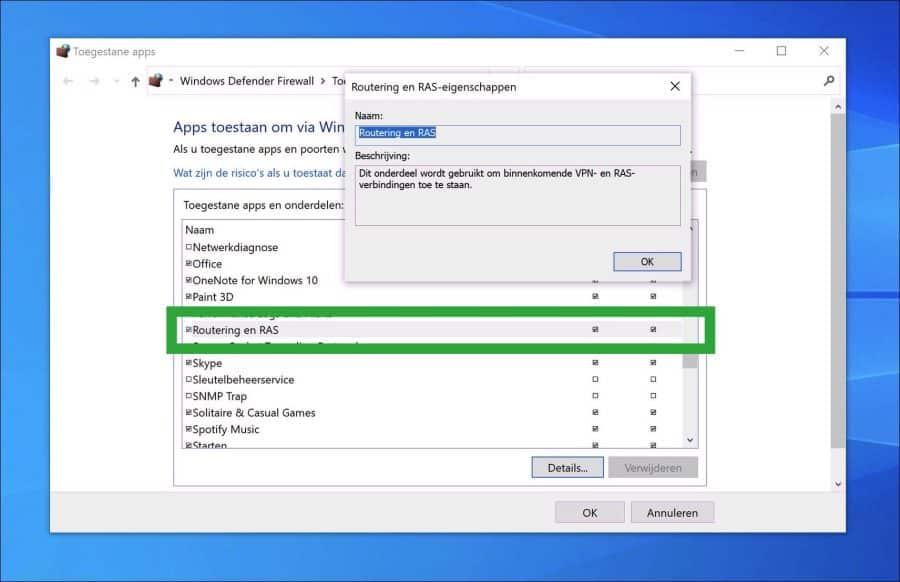 Routering en RAS toestaan in de firewall