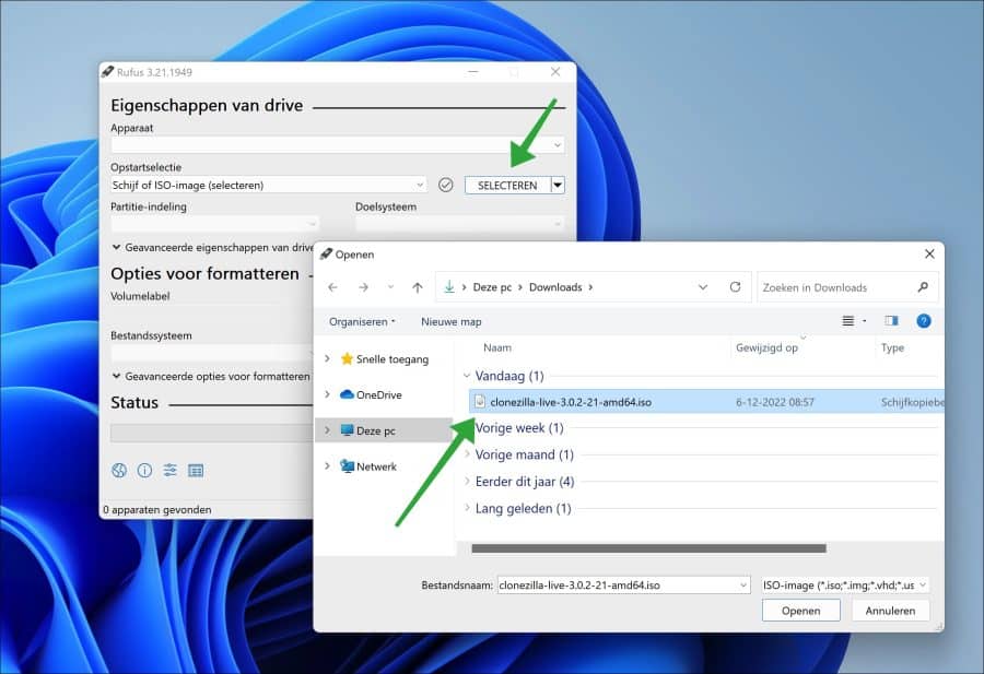 Rufus Clonezilla iso bestand selecteren