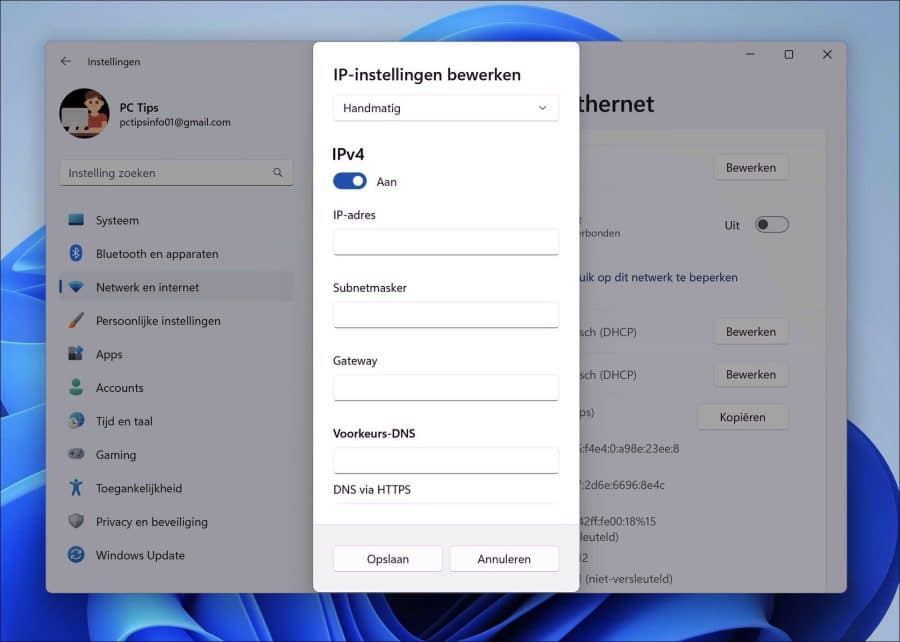 Vast IP-adres instellen voor ethernet in Windows 11