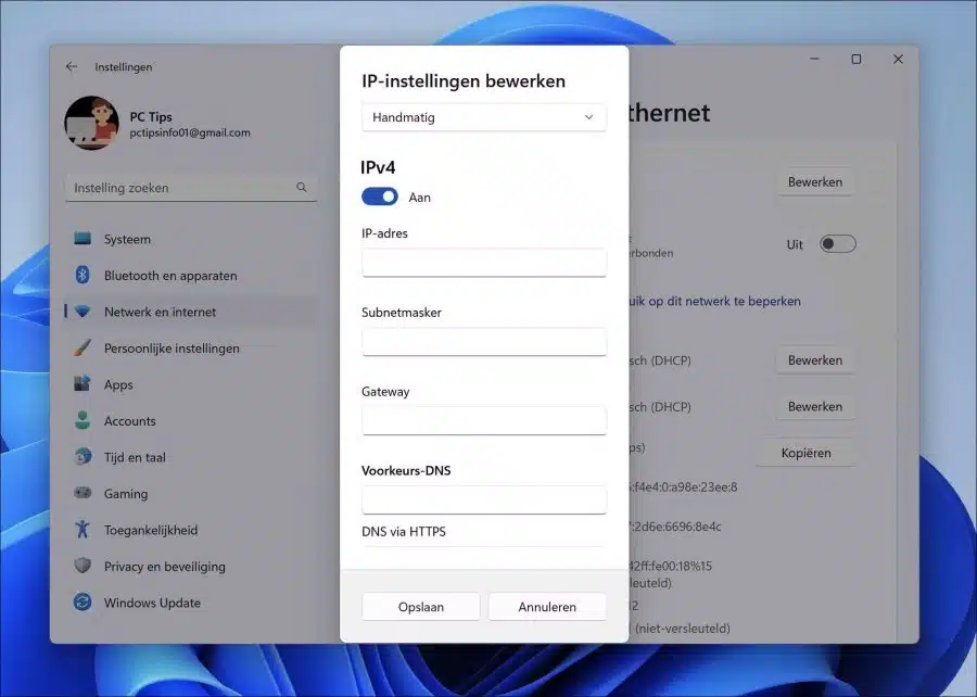 Vast IP-adres instellen voor ethernet in Windows 11