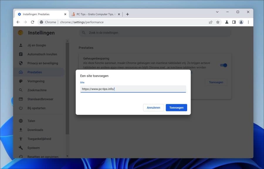 Website uitsluiten van geheugenbesparing in Google Chrome browser