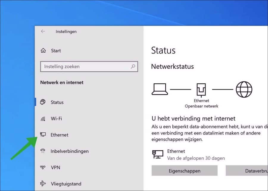 ethernet instellingen openen in Windows 10