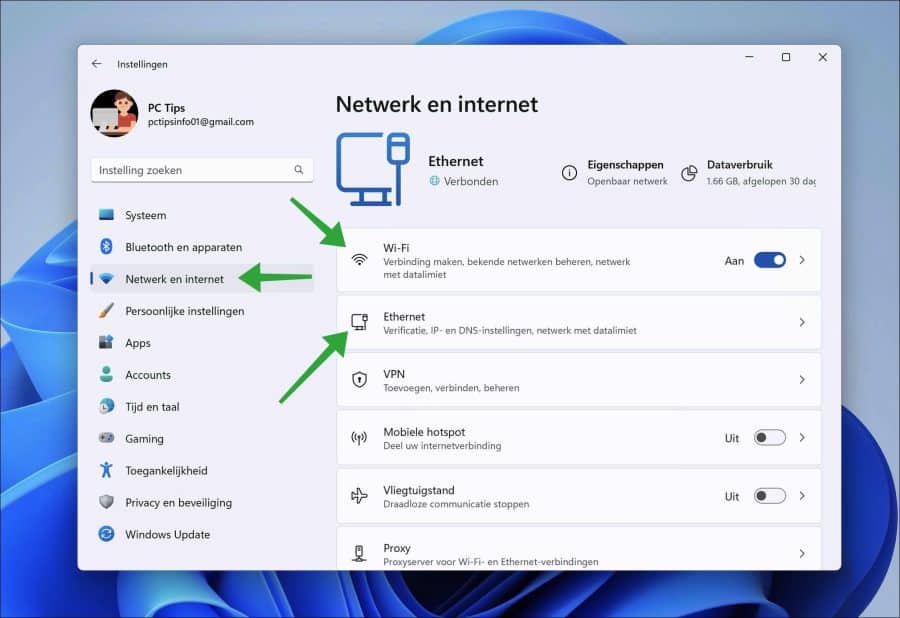 vast ip-adres instellen in windows 11 voor wifi of ethernet