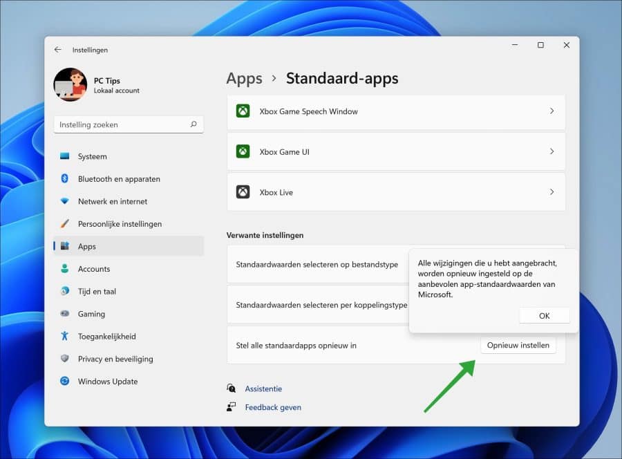 Alle standaard apps opnieuw instellen