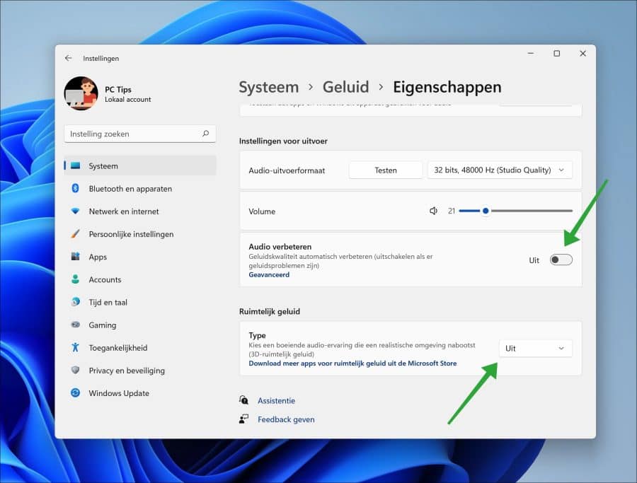 Audio verbeteren en ruimtelijk geluid uitschakelen in Windows 11