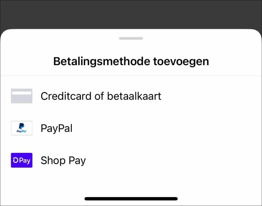 Betalingsmethode toevoegen creditcard betaalkaart paypal of shop pay