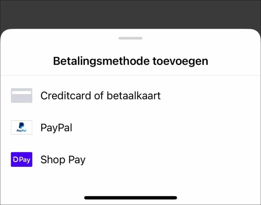 Betalingsmethode toevoegen creditcard betaalkaart paypal of shop pay