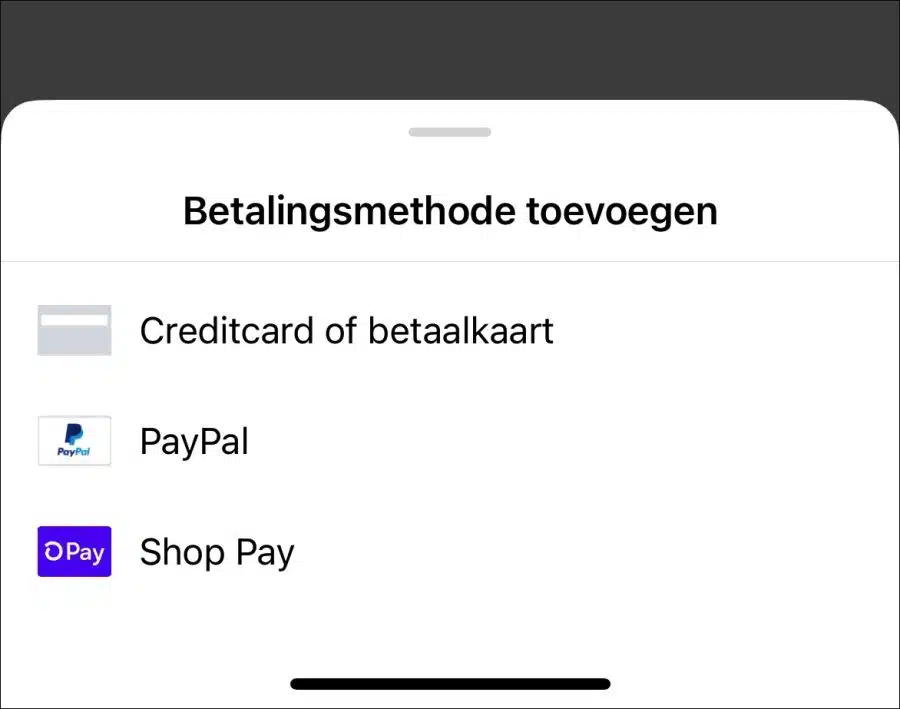 Betalingsmethode toevoegen creditcard betaalkaart paypal of shop pay