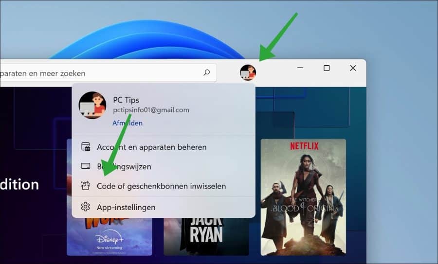 Code of geschenkbonnen inwisselen in Microsoft Store