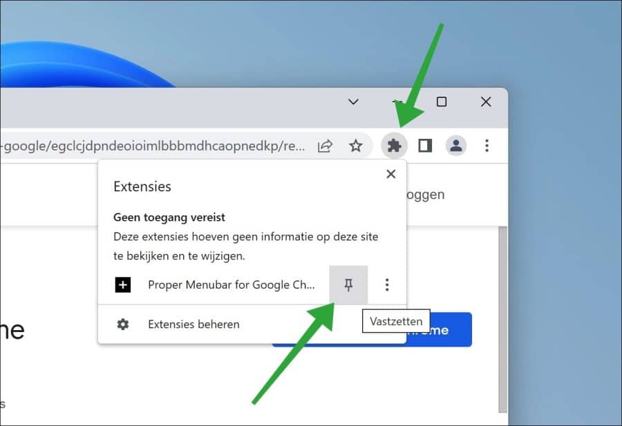 Extensie vastzetten in Google Chrome