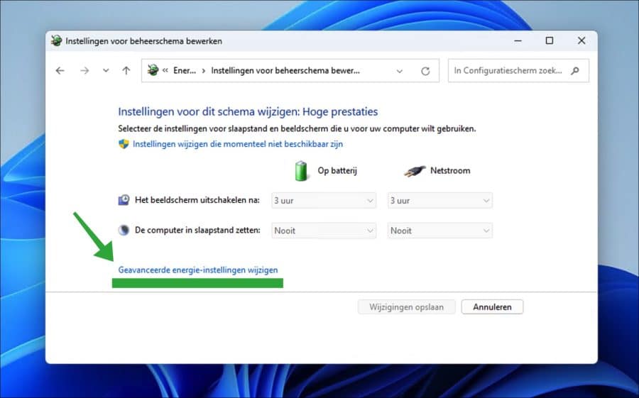 Geavanceerde energie-instellingen wijzigen