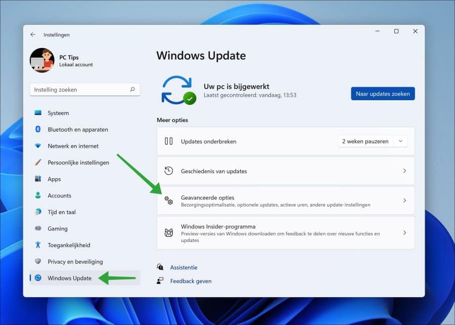 Geavanceerde opties in Windows update