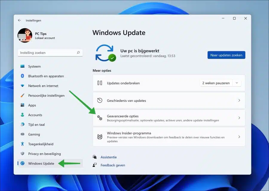 Geavanceerde opties in Windows update