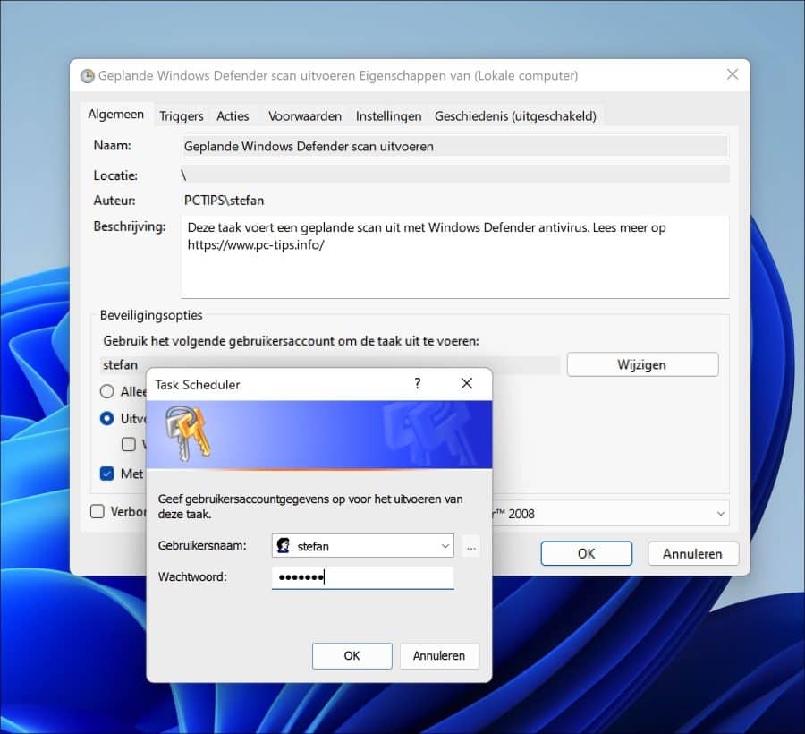 Gebruikersnaam en wachtwoord ingeven voor geplande scan met admin rechten