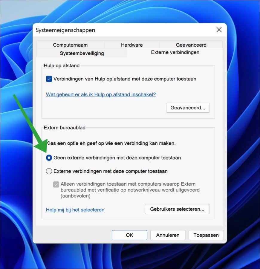 Geen externe verbindingen met deze computer toestaan