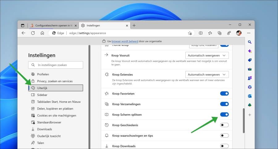 Knop Scherm Splitsen weergeven in Microsoft Edge