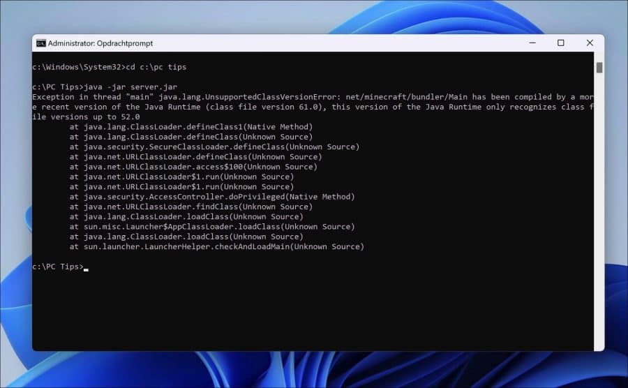 Minecraft server java foutmelding