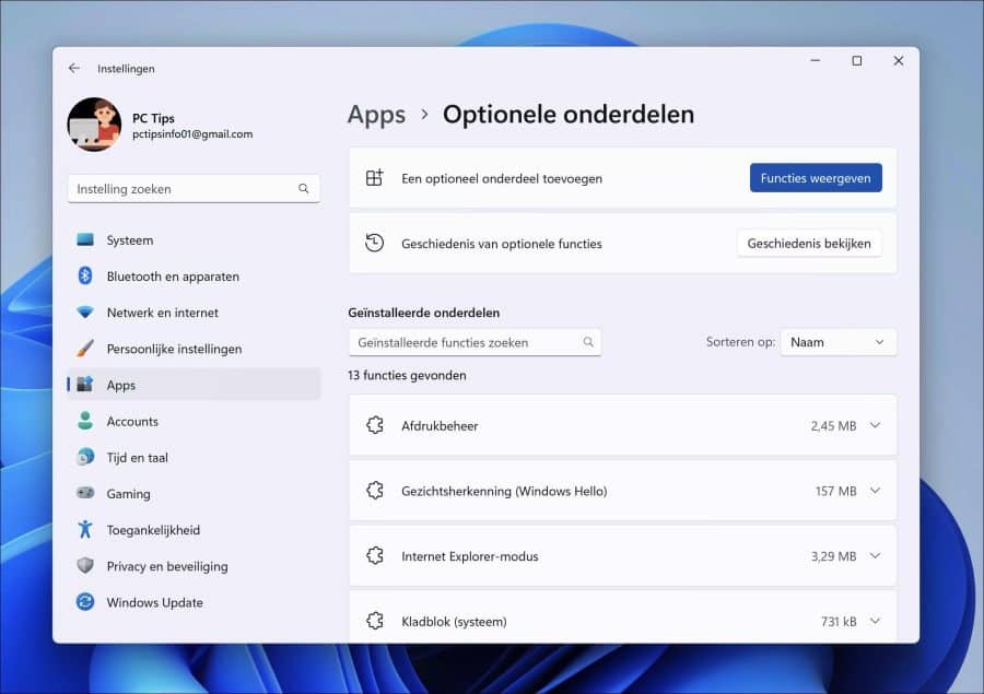 Optionale Komponenten in Windows 11