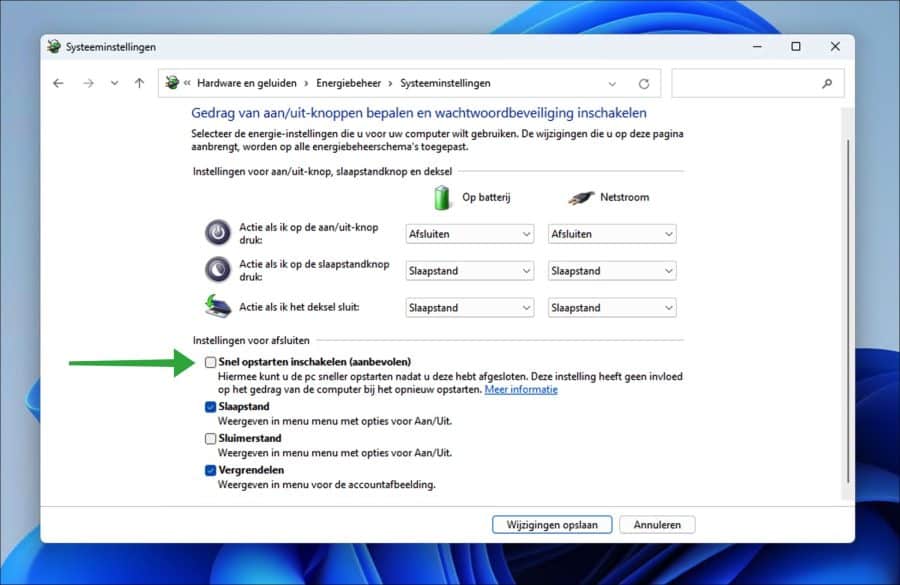 Snel opstarten uitschakelen