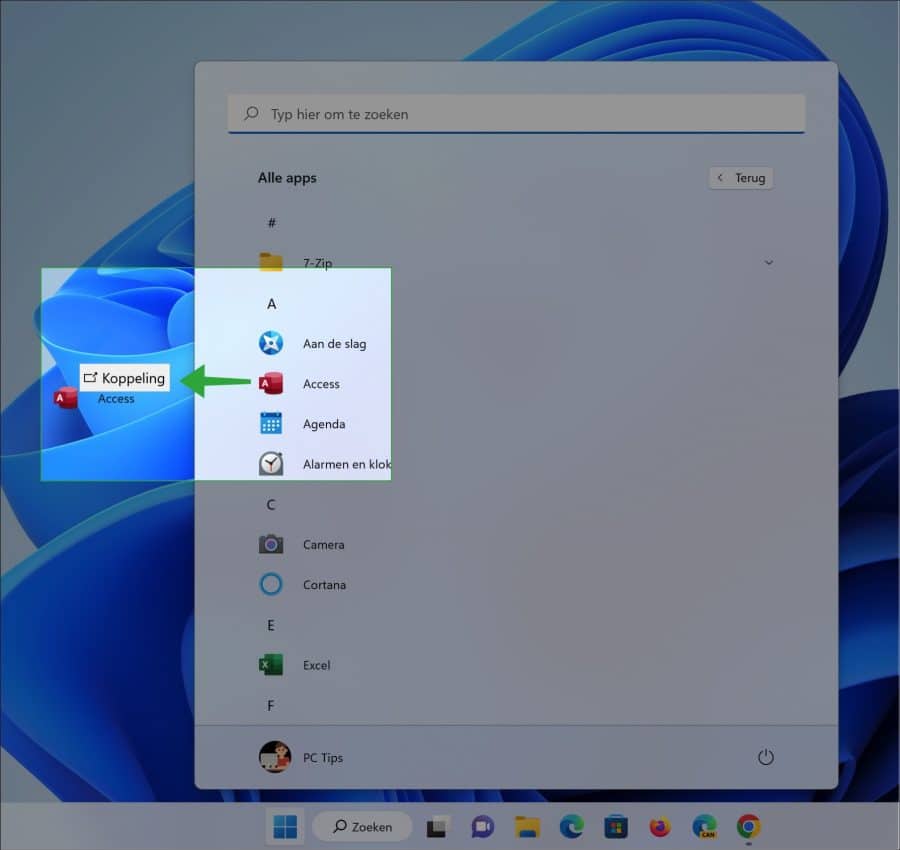 Snelkoppeling maken van app via het Startmenu