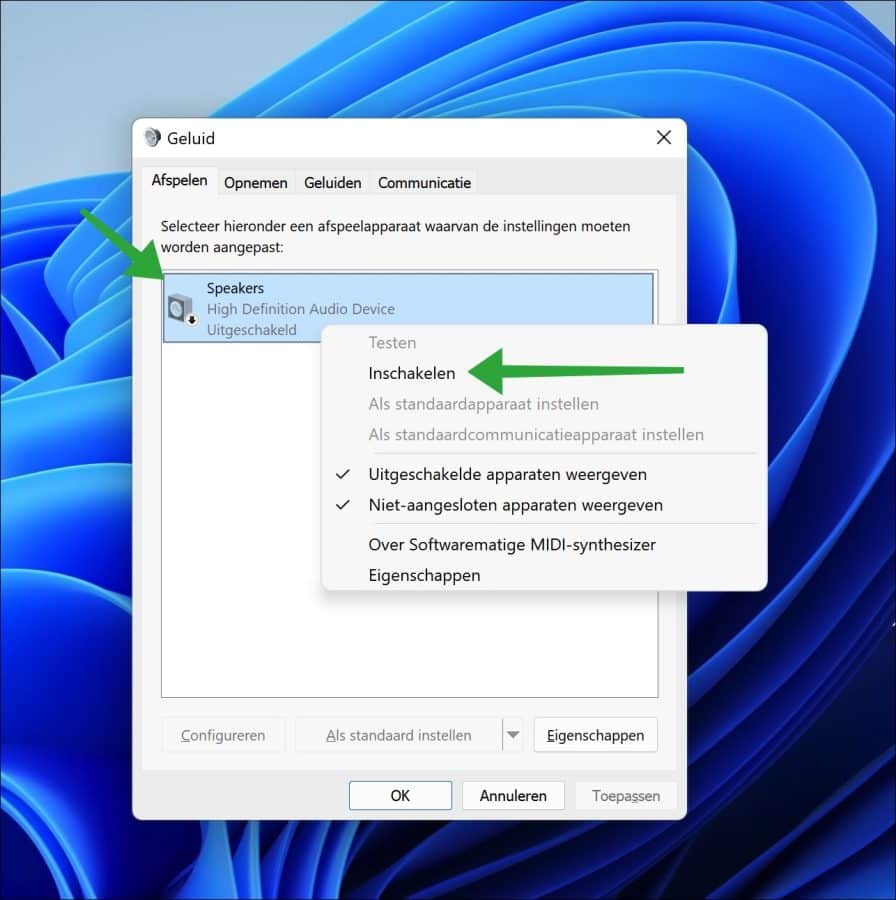 Speakers inschakelen in Windows 11