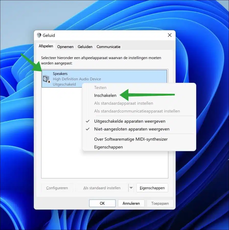 Speakers inschakelen in Windows 11