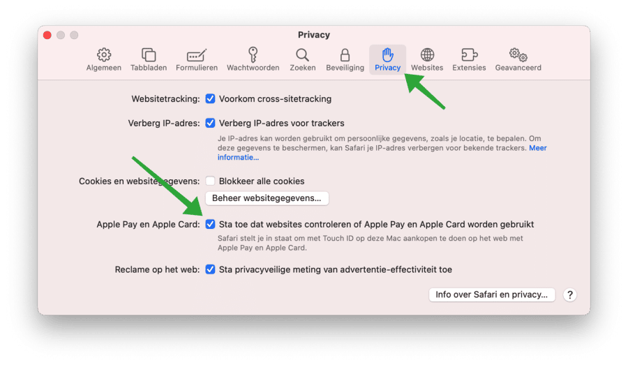 Sta toe dat websites controleren of Apple Pay of Apple Card worden gebruikt