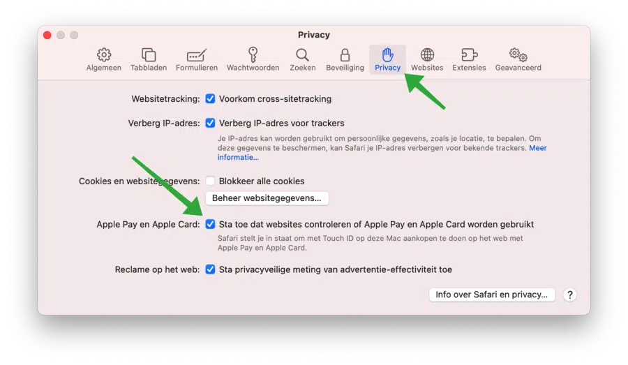 Sta toe dat websites controleren of Apple Pay of Apple Card worden gebruikt