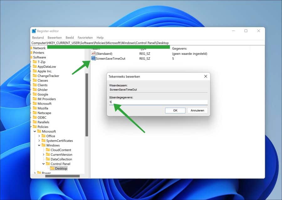 Tijdsinterval van schermbeveiliging aanpassen in Windows 11 of 10