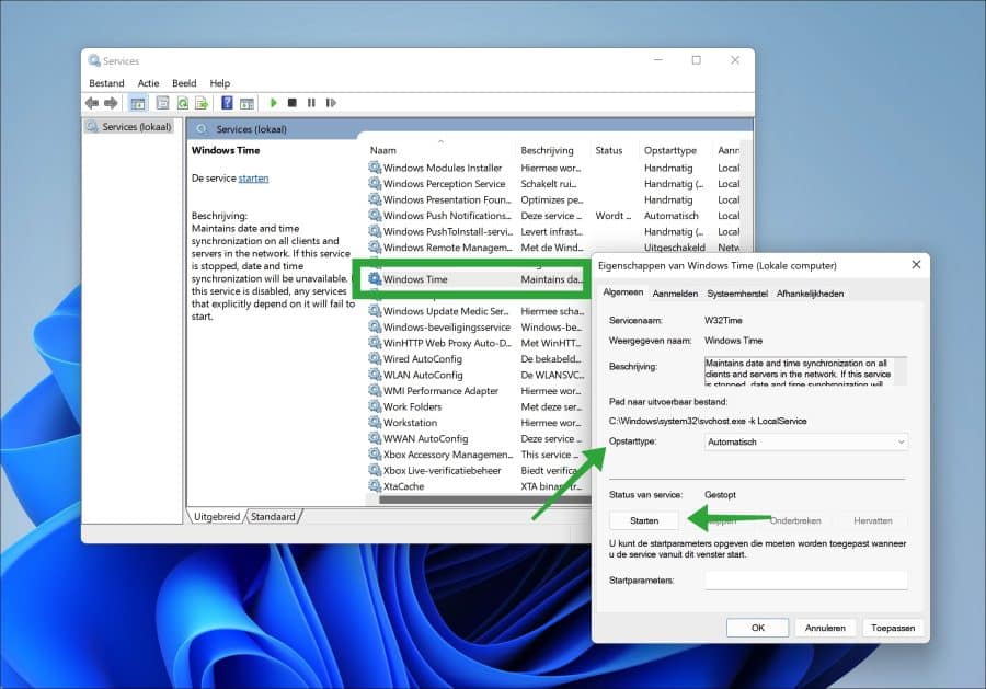 Windows Time opstarttype wijzigen naar Automatisch