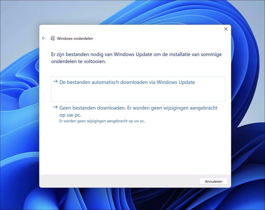 Download and install Windows components via Windows update