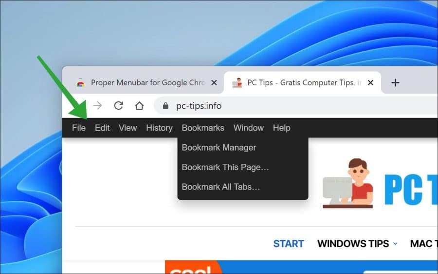 menubalk in google chrome