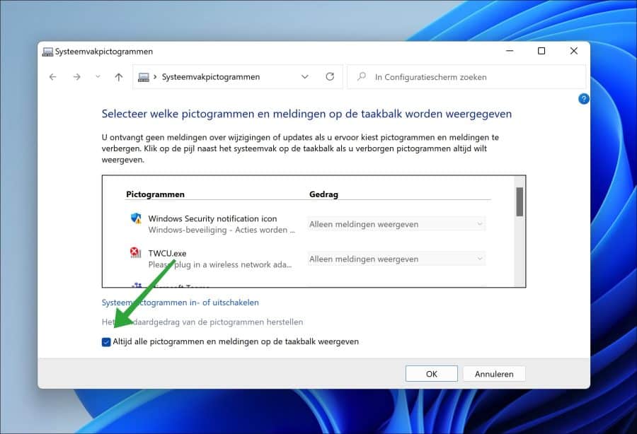 Altijd alle pictogrammen en meldingen op de taakbalk weergeven in Windows 11