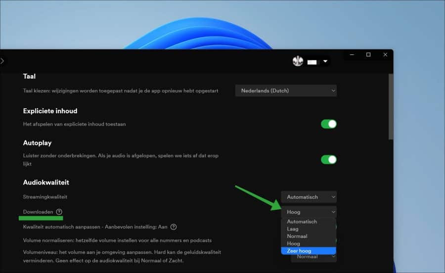 Audiokwaliteit downloaden wijzigen in Spotify