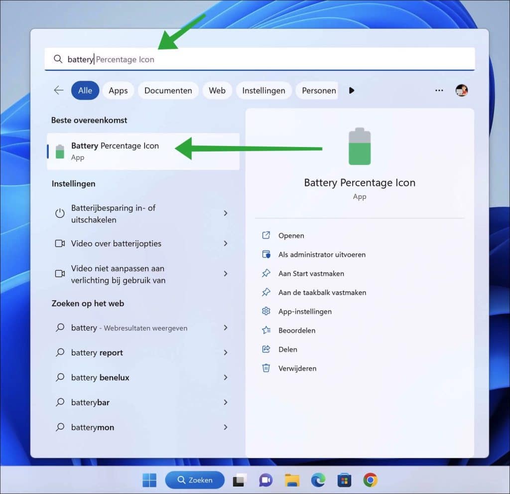 Batterij percentage weergeven op taakbalk in Windows 11 of 10
