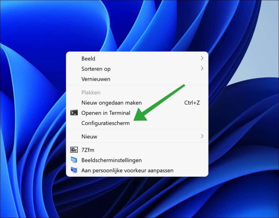 Configuratiescherm toegevoegd aan rechtermuisklik menu